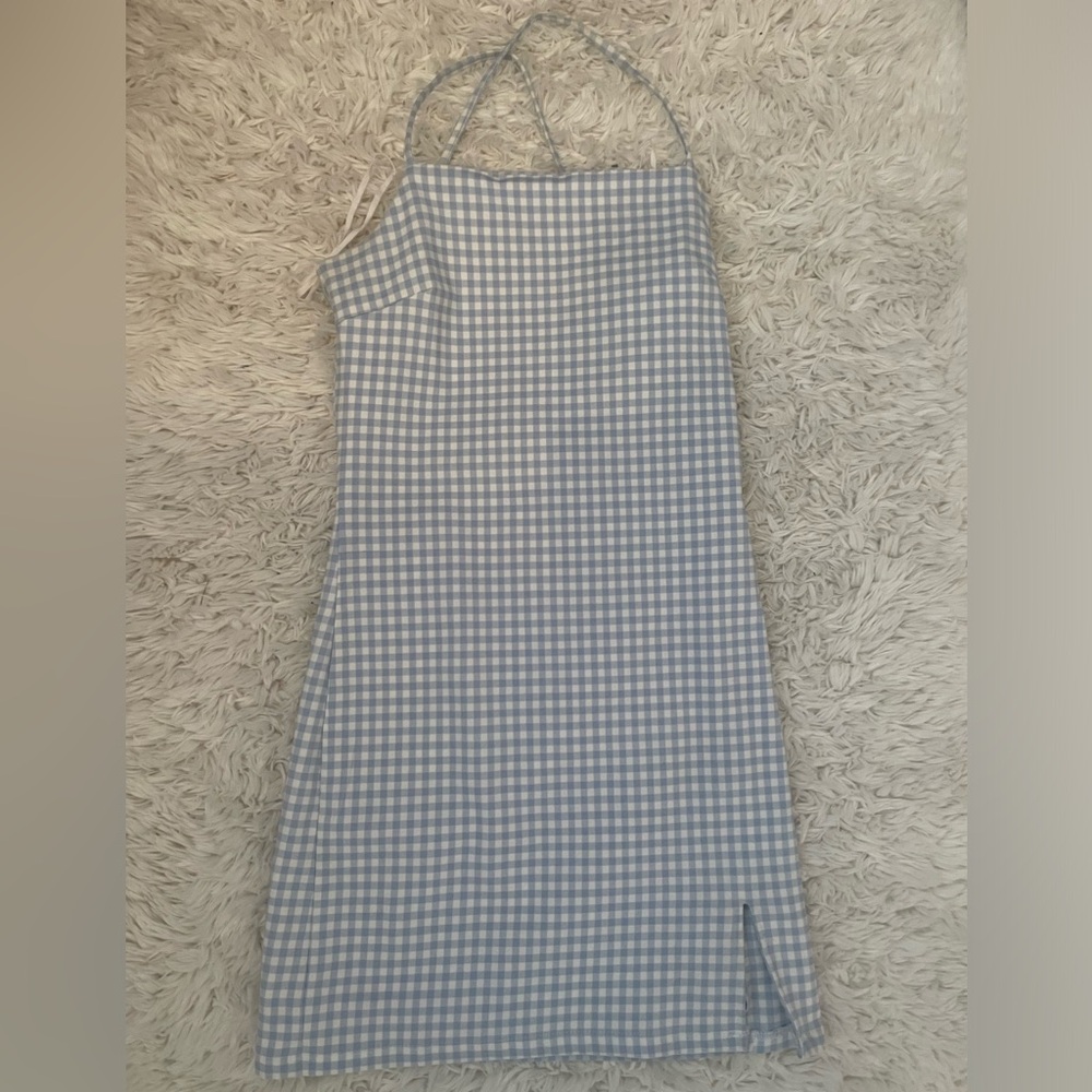 Garage Blue and White Bodycon Gingham Dress with Crossover Back Design